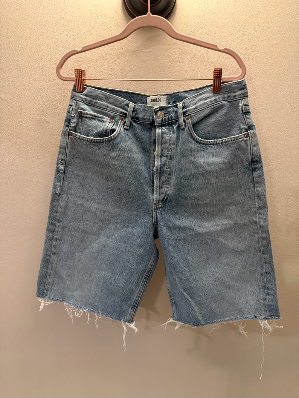 AGOLDE Parker Long Vintage High Rise Raw Hem Denim Shorts Light Wash Size 28